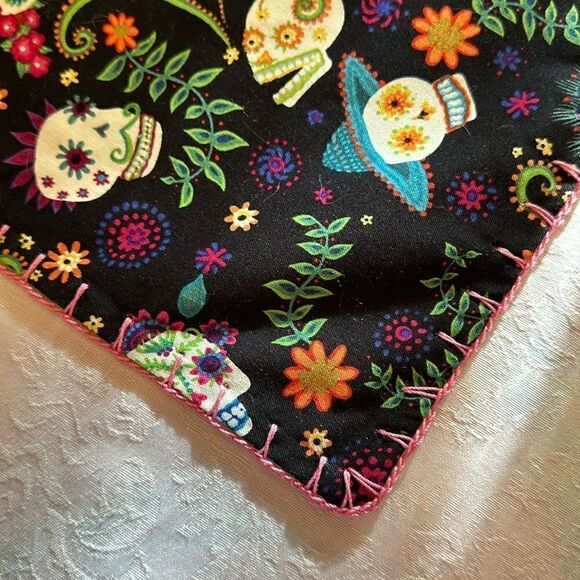 Hand Embellished Tapestry Small Blanket Sugar Skulls Hand Crocheted - Picture 5 of 7